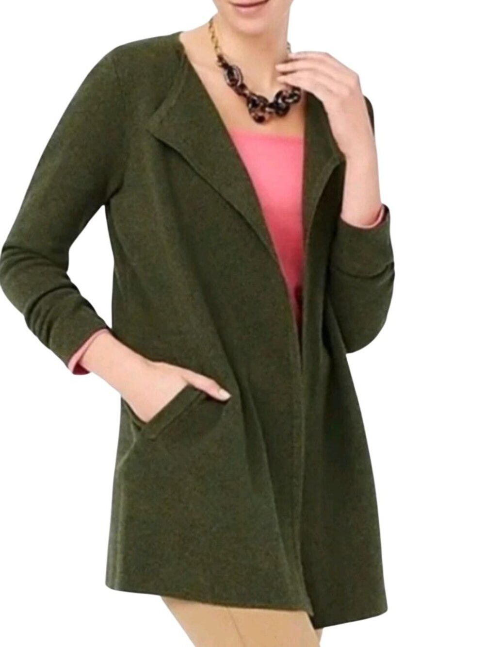 J.Crew Vanessa Sweater Jacket Open Front Olive Green Sustainable Cotton Size M